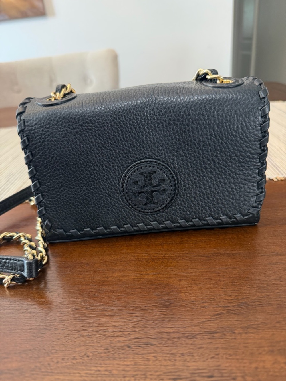 Tory Burch Black Pebbled Leather Chain-Trim Crossbody